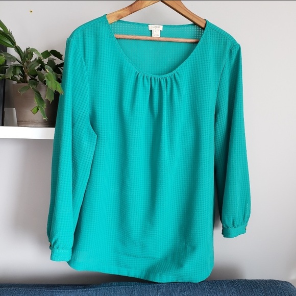 SOLD - J.Crew Green Gingham Textured Popover Blouse L - Picture 1 of 5
